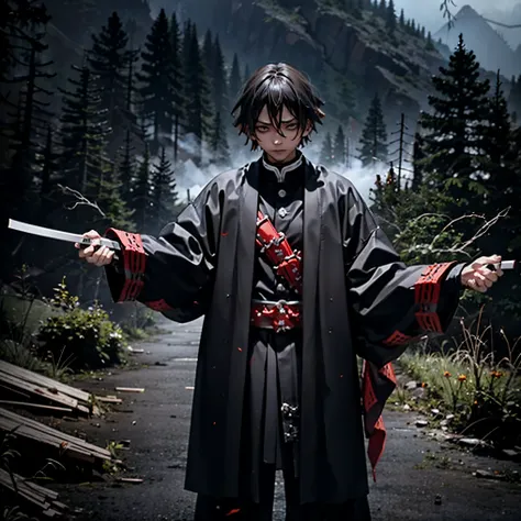 horrorfantasy,zenitsuagatsuma, dark version holds 1 katanas , pointing the bloody katana at the viewer, behind him several dead ...