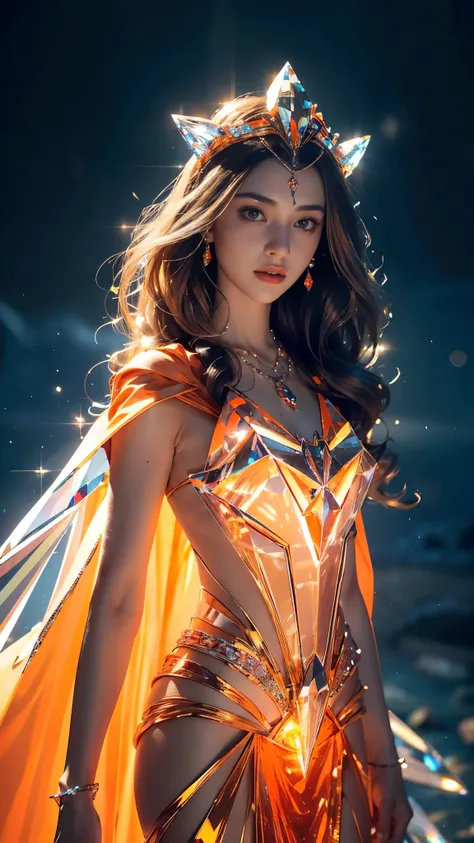 Top quality, masterpiece, ultra high definition, Original photo, 1 Girl, ((slim body)), ((wavy sardine)), cinematic lighting, very long hair, detailed eyes, wind, necklace, piercing, ((crystal dress)), ((detailed crystal)), ((orange clothing)), ((flowing c...