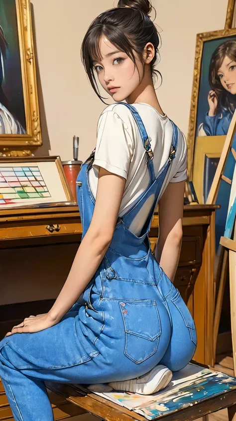 ((masterpiece)),(((Best Quality))), Cute type,  (Very slim:1.5),  (Very small ass:1.5), Thin thighs, Long legs, ((Beautiful artist in jeans overalls、After painting on a large canvas、Relax in the art studio。, sneakers,  19th century Parisian artists, Messy ...