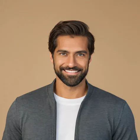 photorealistic portrait photo of a man on studio background who is a tall, lean man in his late 30s with tan skin and short dark brown hair. He has hazel eyes and a neatly trimmed beard. Dressed casually, light pullover His look is professional yet approac...