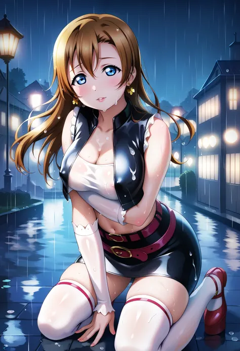 (Masterpiece, Best Quality, High Quality), realistic anime style, love live,kousaka honoka , kousaka honoka,id_honoka_kosaka,love live, blue eyes, brown hair, 8k wallpaper, golden earrings, night,rain,wet , erotic figure, (blushing:1.2),black skirt , black...