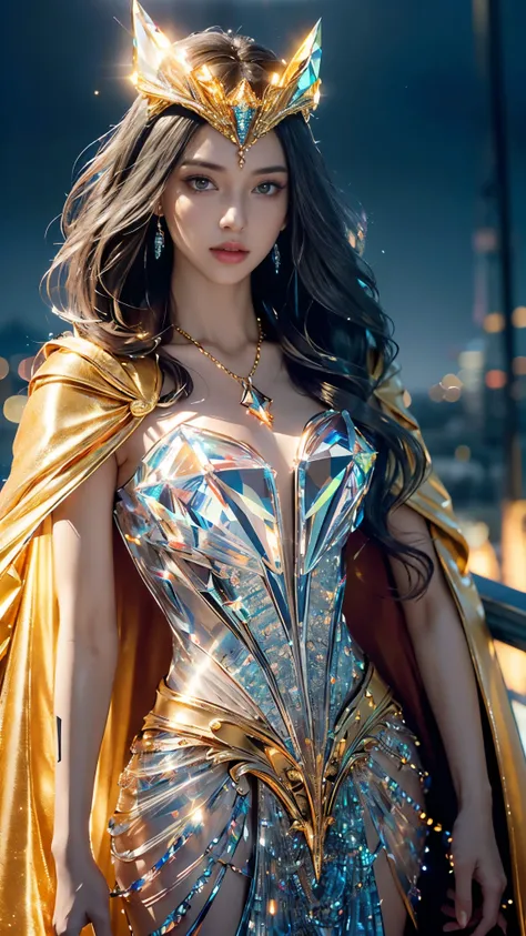 Top quality, masterpiece, ultra high definition, Original photo, 1 Girl, ((slim body)), ((wavy sardine)), cinematic lighting, very long hair, detailed eyes, wind, necklace, piercing, ((crystal dress)), ((detailed crystal)), ((golden clothing)), ((flowing c...