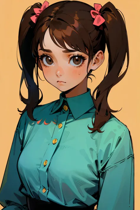 1female, twin pigtails dark brown hair, brown eyes, expressionless, 70s style clothing