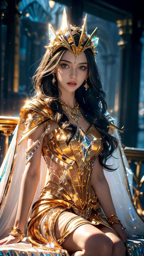 Top quality, masterpiece, ultra high definition, Original photo, 1 Girl, ((slim body)), ((wavy sardine)), cinematic lighting, very long hair, detailed eyes, wind, necklace, piercing, ((crystal dress)), ((detailed crystal)), ((golden clothing)), ((flowing c...