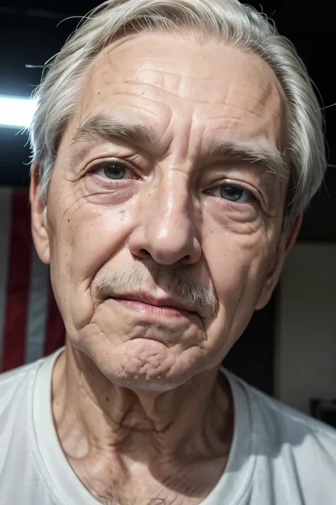 a realistic elderly man in front of a camera recording a video for tiktok