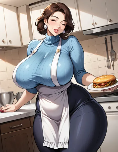 mature female, mom, milf, 40 year old woman, ((thick lips)), (puffy lips), smile, parted lips, makeup, tall, wide waist, ((wide hips)), (((thick thighs))), big ass, (huge breasts) , sagging breasts, tall, oily breasts, sweater, turtleneck, apron, ((frills)...