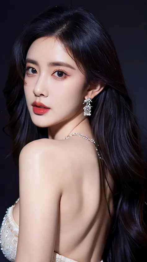 Ultra HD resolution,earrings,Long hair,Black background,Purple backless dress,necklace,H Cup,Showing cleavage,Show more breasts,Amazing breast size,nipple,Expose the areola,Breast enlargement,Smooth and beautiful back,Completely bare back,Cool white skin,B...