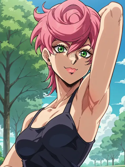 score_9, score_8_up, score_7_up, source_anime, anime screencap, outdoors, day, park, 1girl, solo, trishjojo, looking at viewer, head towards viewer, tank top, black tank top, collarbone, bare shoulders, bare arms, arm, behind head, armpit, smile, closed mo...