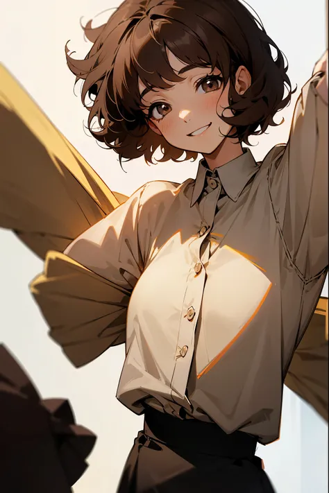 1female, short curly hair, dark brown hair, brown eyes, happy expression, black and white shirt, black skirt