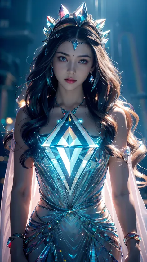 Top quality, masterpiece, ultra high definition, Original photo, 1 Girl, ((slim body)), ((wavy sardine)), cinematic lighting, very long hair, detailed eyes, wind, necklace, piercing, ((crystal dress)), ((detailed crystal)), ((rainbow clothing)), ((flowing ...