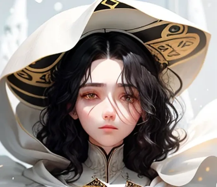 Short, wavy black hair inwards, golden eyes with angelica symbols. His features are melancholic, she wears a white tunic with slight red details. Several Aurelios around his head, your skin is as clear as snow.