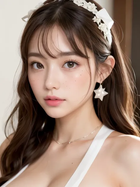 Kim jenny with white brown hair, with curls at the ends, with two bows on each side of the hair, All of her hair is white brown., with a star-shaped clip in her light brown hair, light-colored eyes, beautiful eyes, Teary eyes, beautiful, splash your nose, ...