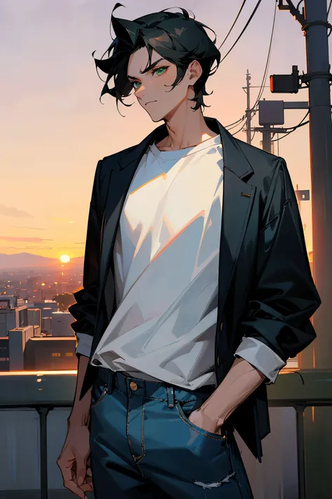 1male, black hair, suave hair, green eyes, expressionless, white t-shirt, black jacket, baggy denim pants, sunset landscape