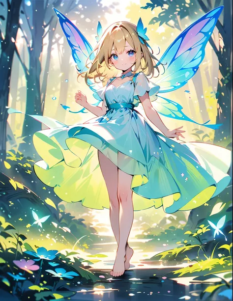 dsmile,a doll-sized tiny miniature fairy girl with large iridescent glass wings,blonde hair,blue eyes,wearing all white gauzy si...