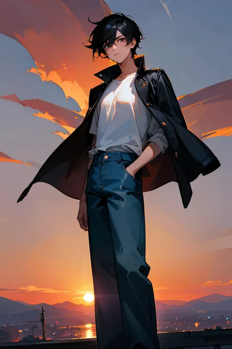 1male, black hair, suave hair, hazel eyes, expressionless, white t-shirt, black baggy jacket, baggy denim pants, sunset landscape