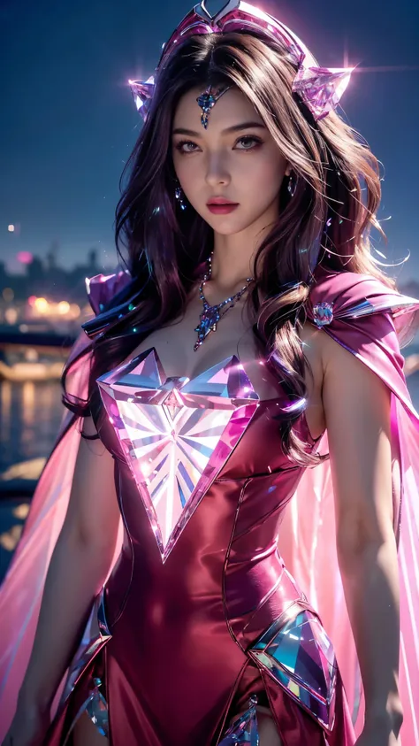 Top quality, masterpiece, ultra high definition, Original photo, 1 Girl, ((slim body)), ((wavy sardine)), cinematic lighting, very long hair, detailed eyes, wind, necklace, piercing, ((crystal dress)), ((detailed magenta crystal)), ((magenta clothing)), ((...