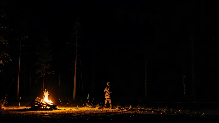 a lone hunter in front of a campfire at night in the middle of the forest. All separately and animatedly