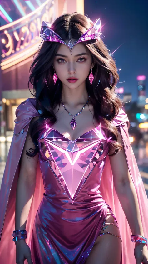 Top quality, masterpiece, ultra high definition, Original photo, 1 Girl, ((slim body)), ((wavy sardine)), cinematic lighting, very long hair, detailed eyes, wind, necklace, piercing, ((crystal dress)), ((detailed magenta crystal)), ((magenta clothing)), ((...