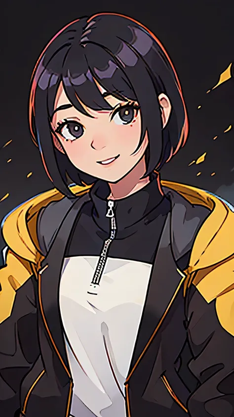 anime korean girl with short hair, very high res, 4k res, Univercity of Los-Santos background, black jacket, without glasses, normal smile