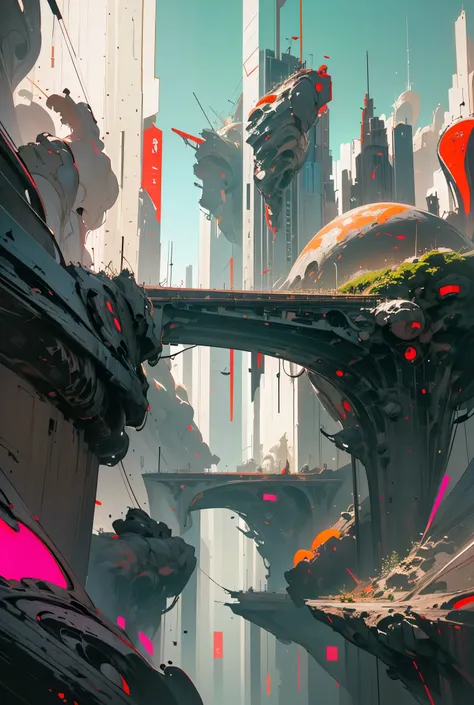 a serene futuristic landscape, organic forms made of light and glass, fractured digital grid with neon colors and glitch-like distortions, floating metallic sculptures resembling futuristic cities, warm earthy tones blending into cold metallic and neon hue...