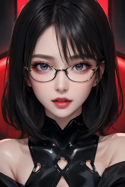 Super detailed, Highest quality, 8k, Ultra-high resolution, Black Hair, One Woman, amount, Glasses, Stiletto heels, Midnight, Slim figure ,Straight Hair, short hair, Glasses ,  vapor))), sheer turtleneck dress, skin, Stiletto heelsサンダル, Beautiful feet, ((E...