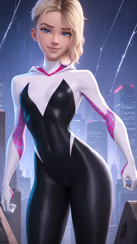 spider-gwen da marvel,(best qualityer,4k,8k,high resolution,work of art:1.2)(weather: raining), new york background, city roofto...