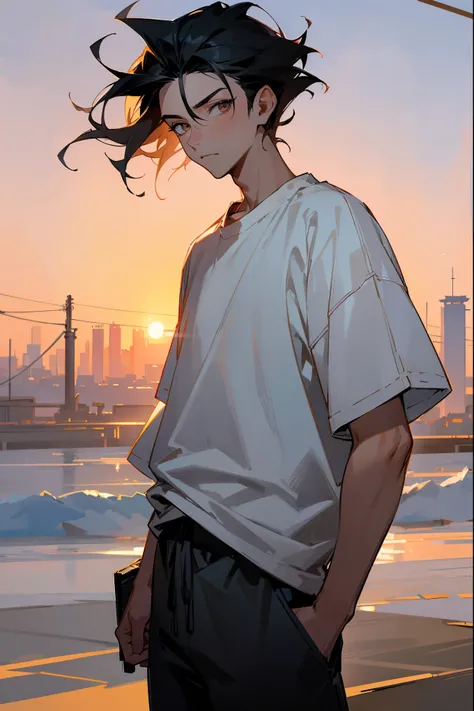 1male, black hair, suave hair, hazel eyes, expressionless, white t-shirt, black hanging jacket, baggy joggers, sunset landscape