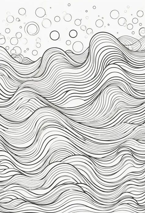 An amazing black and white line art coloring page designed for adults with a white background. Waves in motion, forming soft, flowing lines that intertwine with small details of foam and bubbles. The illustration focuses on crisp, Clean lines and bold cont...