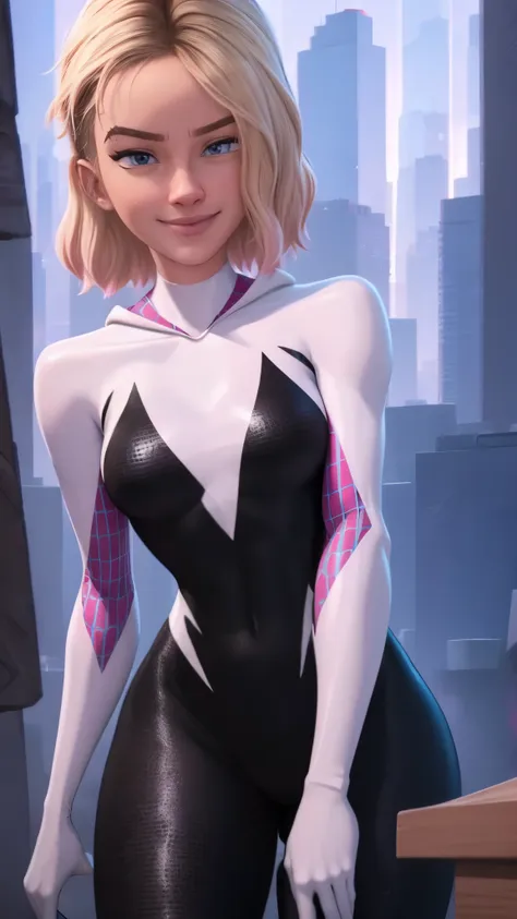 Spider-gwen da Marvel,(best qualityer,4K,8k,high resolution,work of art:1.2)(weather: raining), new york background, downtown skyscrapers, wide hips, short curly hair, blonde and pink hair, full bodysuit, vintage shoes, light makeup, flirting pose, spider ...