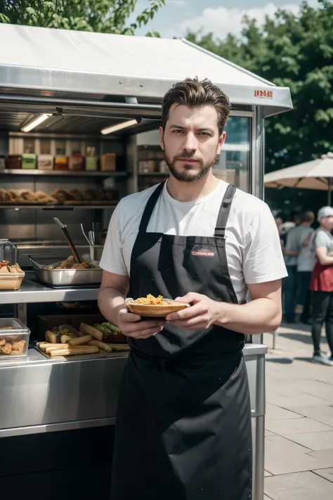 there is a man standing in front of a food truck preparing food, by Arik Brauer, serving fries, food commercial 4 k, by Adam Marczyński, by Micha Klein, by Dietmar Damerau, food stall, high quality portrait, by Etienne Delessert, food photography 4 k, by D...