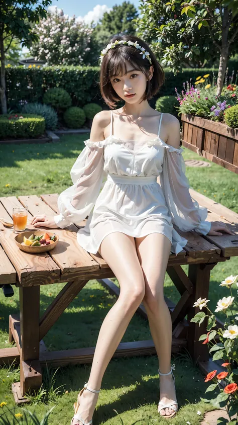 A young Japanese woman with short, dark brown hair sits outdoors in a lush, sunlit garden. She wears a light, off-shoulder white dress with long, translucent sleeves, perfectly complementing the soft, natural setting. A delicate white headband with small f...