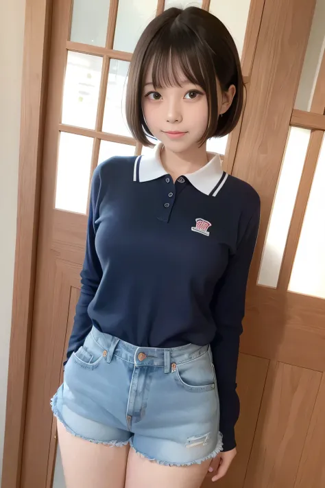 8k,masterpiece,Japanese, Junior high school girl,from the front,smile,Innocent face,Calm Eyes,Childish,Big Breasts,Long sleeve polo shirt,Extremely short denim shorts、Short Bob,noon,bright,