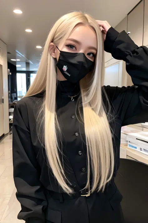 Russian blonde long hair woman black mask、Workplace attire