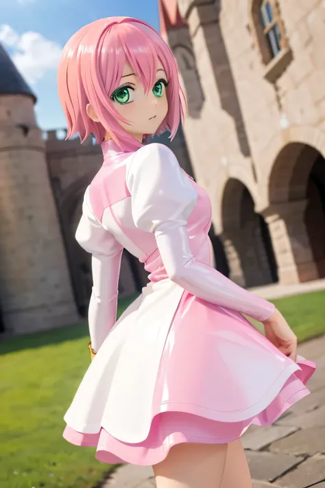 Perfect Anatomy　Best Quality,Highest Resolution,(((White and pink latex dress　Green Eyes　Pink Hair)))　Estellise　[blurry]　16k　Castle