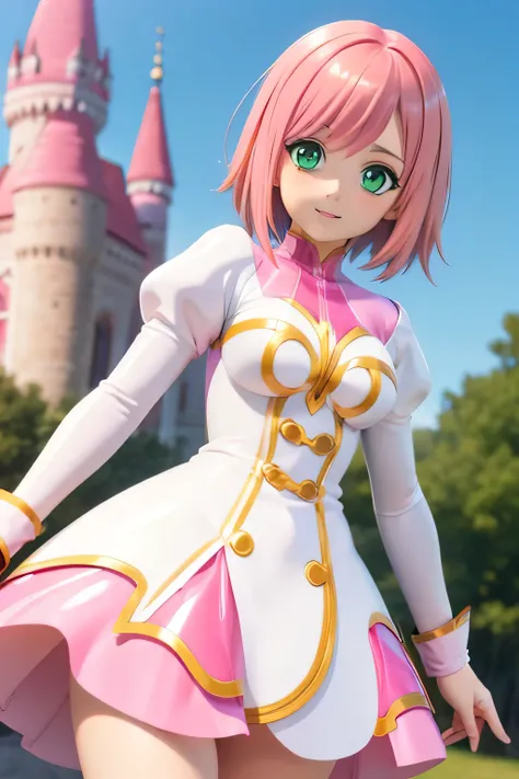 Perfect Anatomy　Best Quality,Highest Resolution,(((White and pink latex dress　Green Eyes　Pink Hair)))　Estellise　[blurry]　16k　Castle