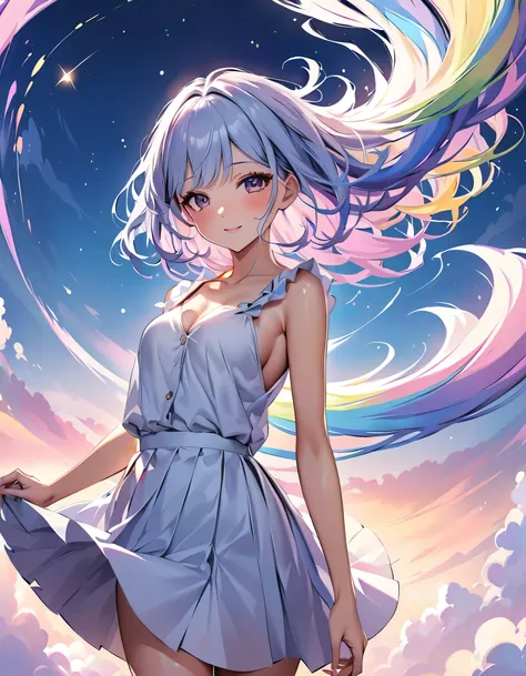 A mesmerizing and surreal landscape where a girl is frozen in a moment as she leaps through time. The scene is set in a mystical field, with a cascade of seven vividly colored winds swirling around her, each representing a different hue of the rainbow. The...