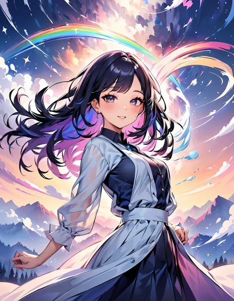 A mesmerizing and surreal landscape where a girl is frozen in a moment as she leaps through time. The scene is set in a mystical field, with a cascade of seven vividly colored winds swirling around her, each representing a different hue of the rainbow. The...