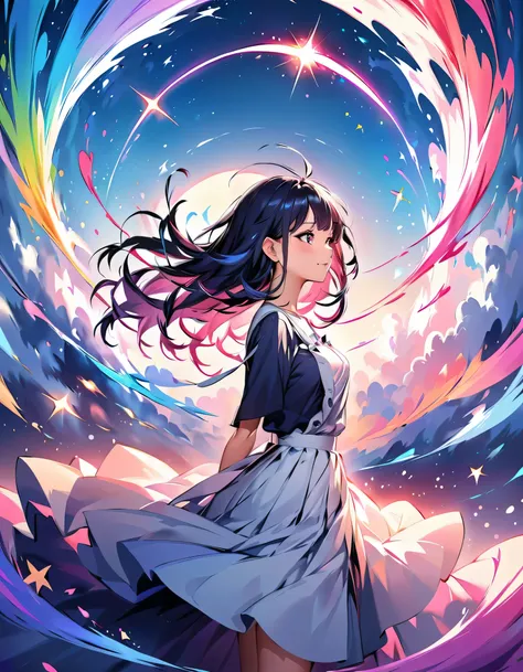 A mesmerizing and surreal landscape where a girl is frozen in a moment as she leaps through time. The scene is set in a mystical field, with a cascade of seven vividly colored winds swirling around her, each representing a different hue of the rainbow. The...