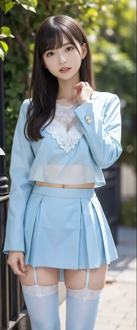 One girl、(((Light blue business tight skirt suit)))、2 business woman、See-through blouse and see-through bra、Ultra-detailed、Masterpiece、Best Quality、Ultra-high resolution、8K High Resolution、Photogenic Clarity、Detailed eyes、[Gradient、Spring Outdoors、During t...