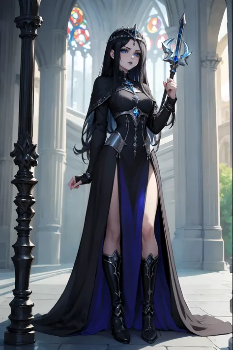 masterpiece, 1 girl, solo, twilight domain cleric, long black hair, hair over face, long black/blue dress, silver armor, tiara, silver boots, pale skin, sleepy, blue eyes, full body, holding a silver staff, in a gothic cathedral