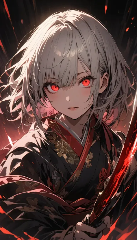 Beautiful attention to detail, Beautiful lip detail, Highly detailed red eyes and face, Long eyelashes, 1 person, Silver short hair,Detailed portrait, kimono, Holding a sword, Dark atmosphere, Dramatic lighting, Cinematic, Vibrant colors, Ultra-detailed,wh...