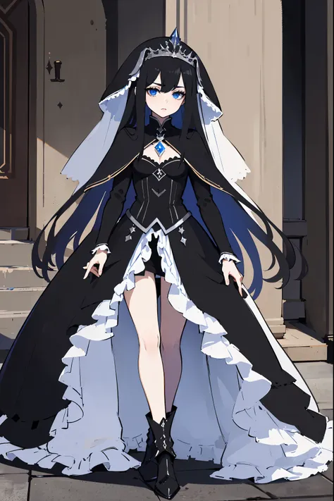 masterpiece, 1 girl, solo, long black hair, hair over face, long black/blue dress, silver heavy armor, tiara, black veil, long cape, silver boots, pale skin, sleepy, blue eyes, full body, holding a silver staff, in a gothic cathedral