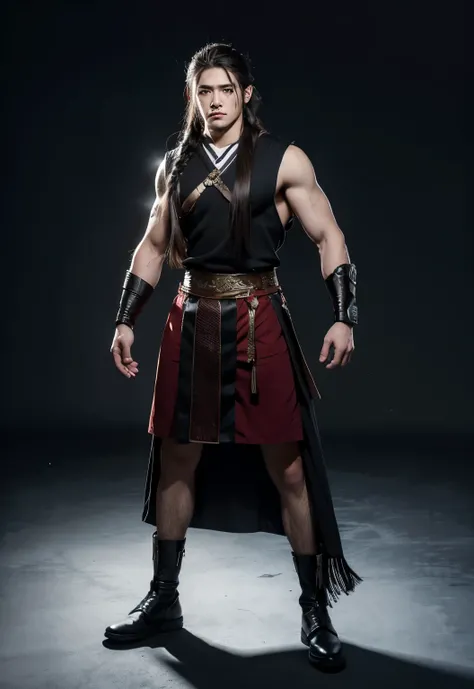 A man 20 years old, long hair, boxer braid, black eyes, roupa viking, full body, standing, High resolution, detailed 
