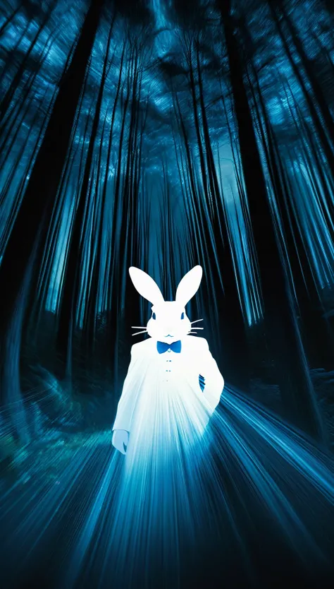 abstract, motion blur, cool color palette, male figure, blue silver dominant colors, surreal effect, multiple exposures, ghosting image, contemporary portrait, overlapping visual elements, gradient, soft focus, Alice In Wonderland, (white rabbit always lat...