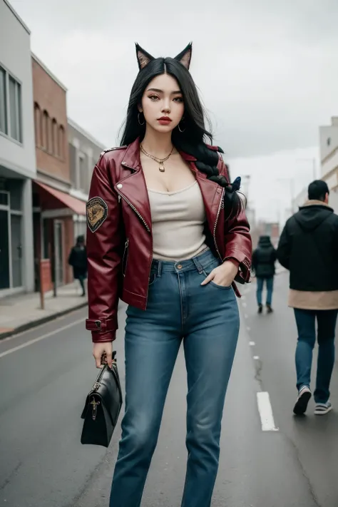 ahri liga dos lendários, masterpiece, best quality, IncrsAhri, braid, edgSDress, wearing edgSDress, outdoors, street, road sign, jacket, open jacket, jeans, casual, long sleeves,