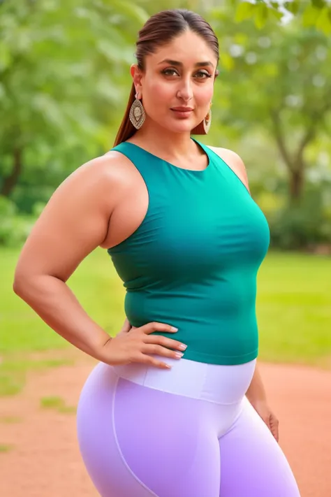 A photo of Kareena Kapoor with plus-sized, wearing a tight-fitting sleeveless kurta with tight fitting white slim-fit leggings. Her hair is styled in a traditional updo, earrings to accentuate her outfit, clear demonstration to underarms, hand on hip, slig...