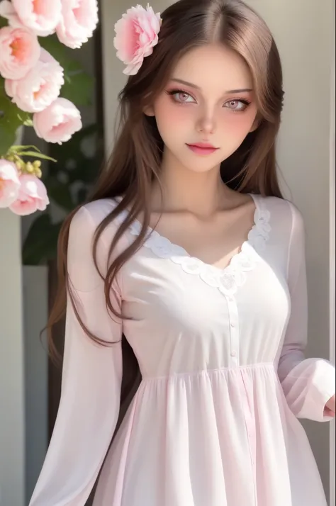 Girl, long brown hair, light brown eyes, sharp features, white skin, pink lips, perfect, long sleeved sundress.