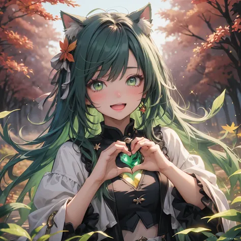 (masterpiece), Best Quality, Ultra-high resolution,Cat ears with jade-colored ribbon、,Citron green hair、,Citron green eyes、,Citron green clothing、Light、Sparkling、nature、autumn leaves、autumn、Laugh cheerfully、Energetic child、Making a heart with hands