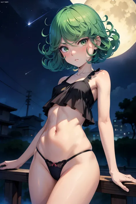 Tatsumaki ,1girl , anime , masterpiece , angry 
face  , blush   hair, bra under tank top ,flat chest , highleg_panties  . Night moon background . Standing. 