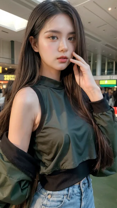 a young woman with long, dark hair stands in a modern indoor setting, wearing a fitted black top with sheer long sleeves. she ho...